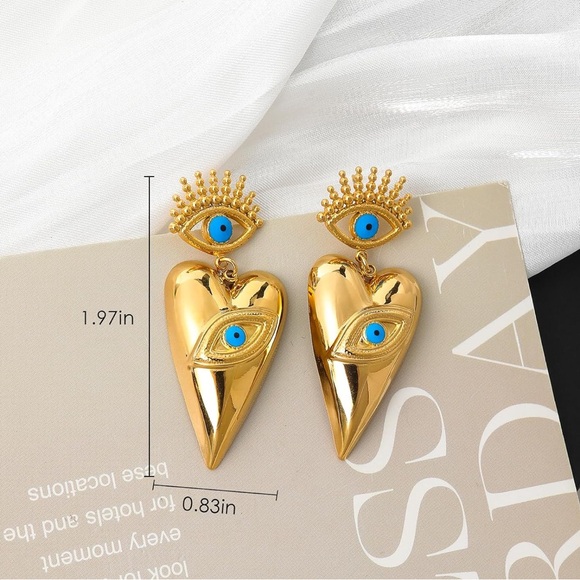 Anthropologie Gold and Blue Heart Eye Earrings - Picture 5 of 6